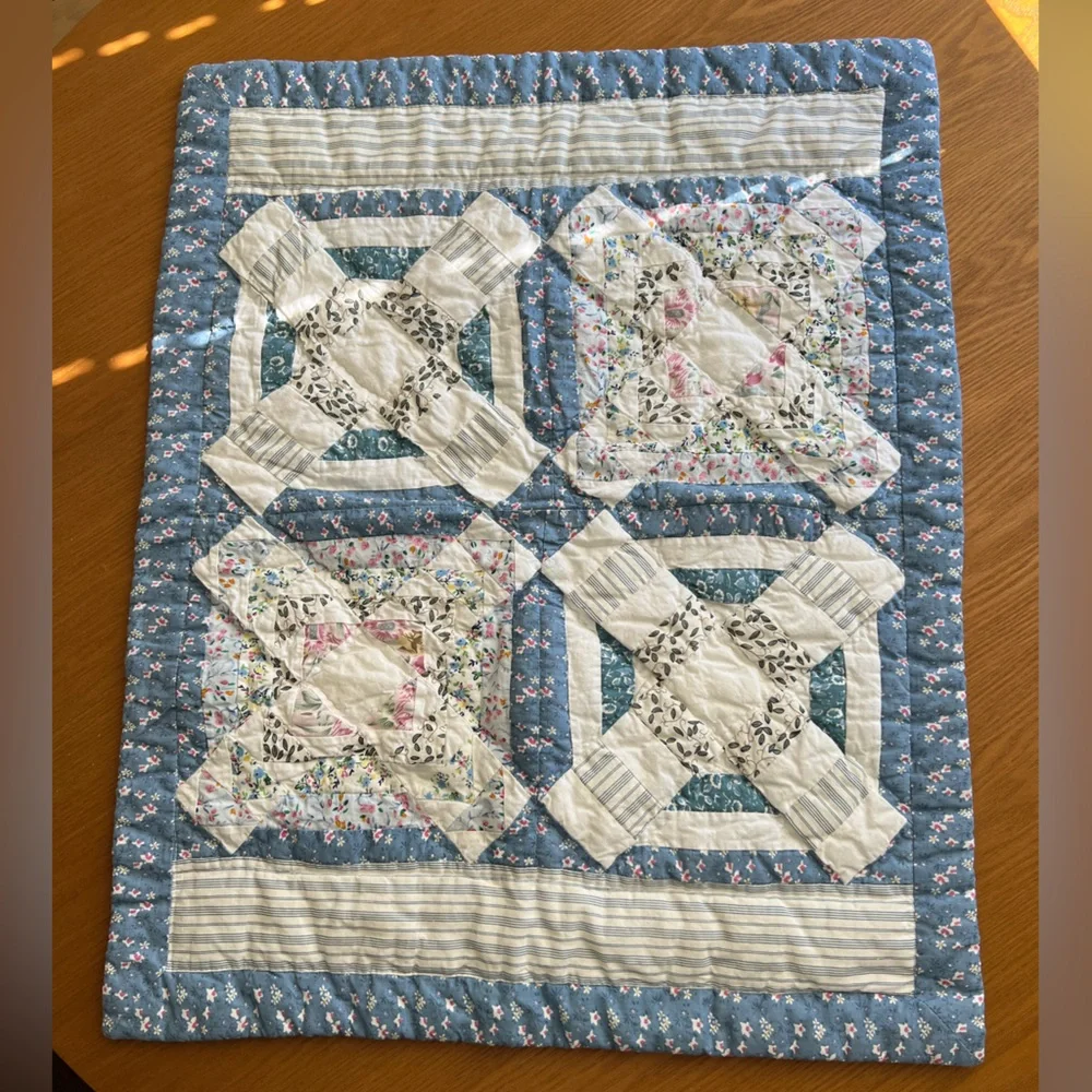 Pair floral quilted standard pillowcase shams cottagecore shabby chic blue white